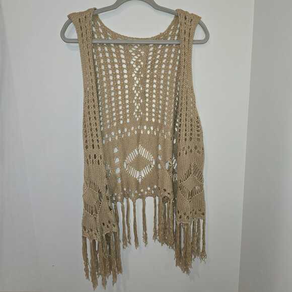 Boho Fringe Crochet Vest Duster Tan Beige Open Knit Festival Layering One Size - Picture 1 of 6